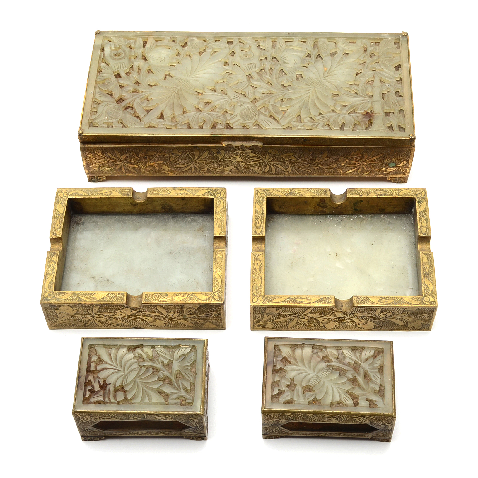 Vintage Chinese Cigarette Set in Brass and Carved Stone