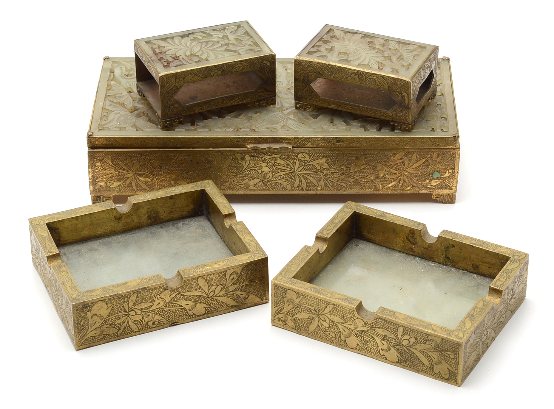 Vintage Chinese Cigarette Set in Brass and Carved Stone