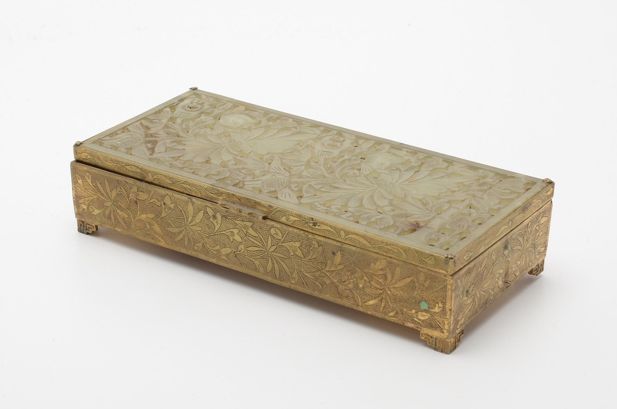 Vintage Chinese Cigarette Set in Brass and Carved Stone