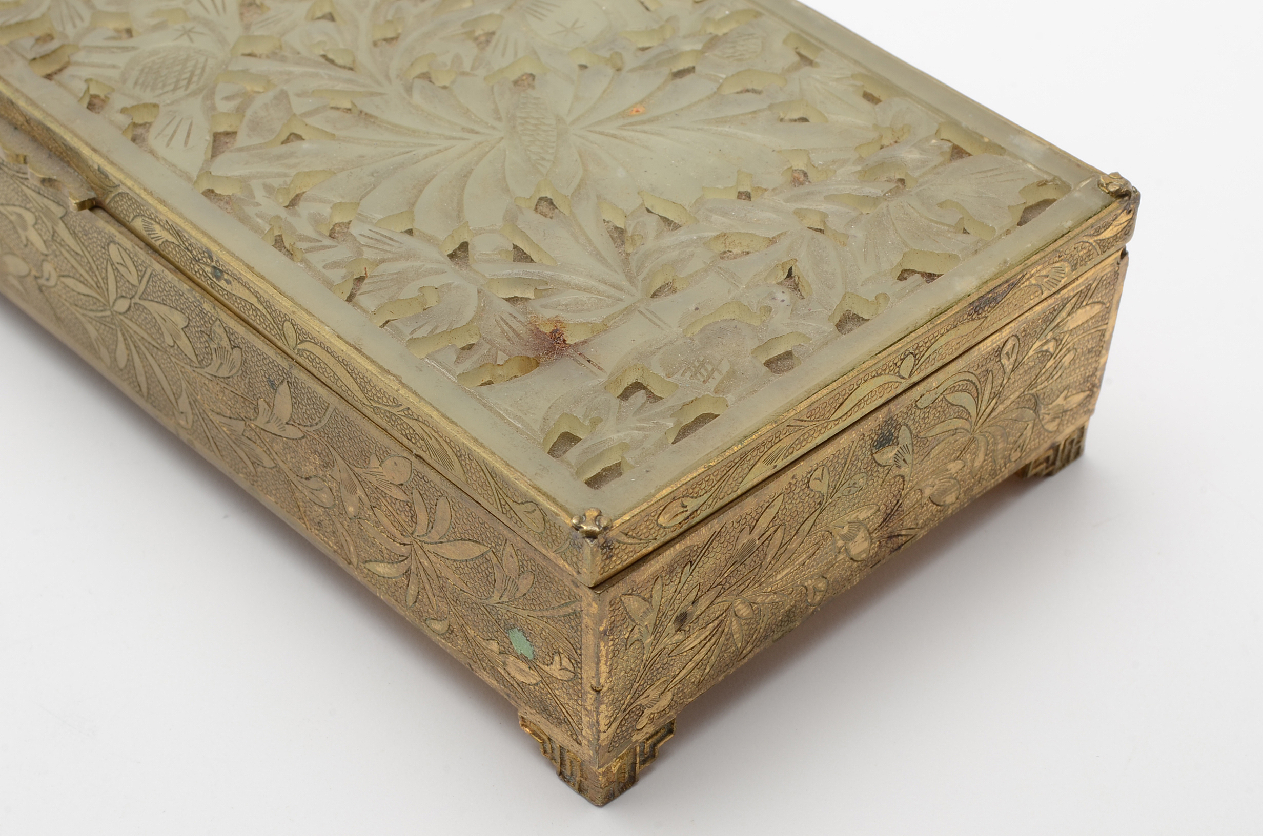 Vintage Chinese Cigarette Set in Brass and Carved Stone