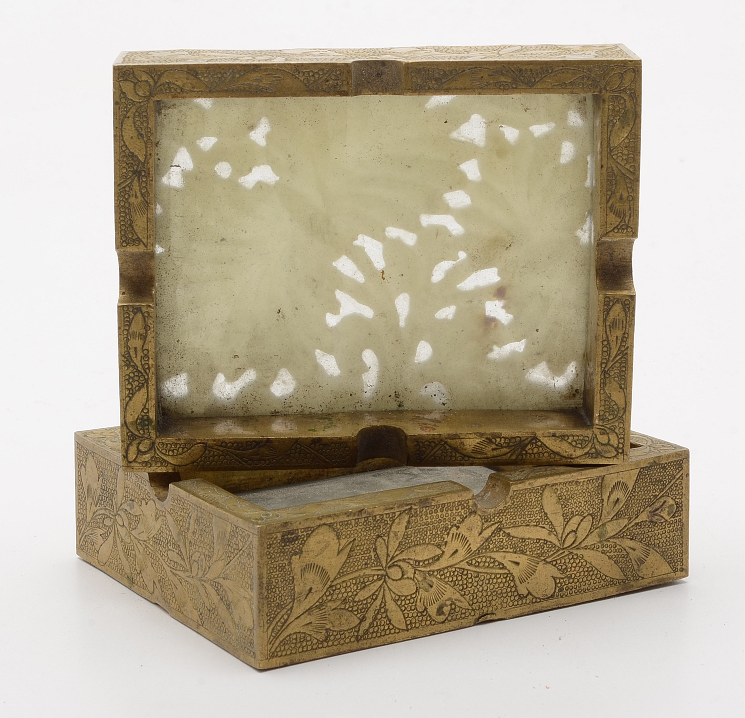 Vintage Chinese Cigarette Set in Brass and Carved Stone