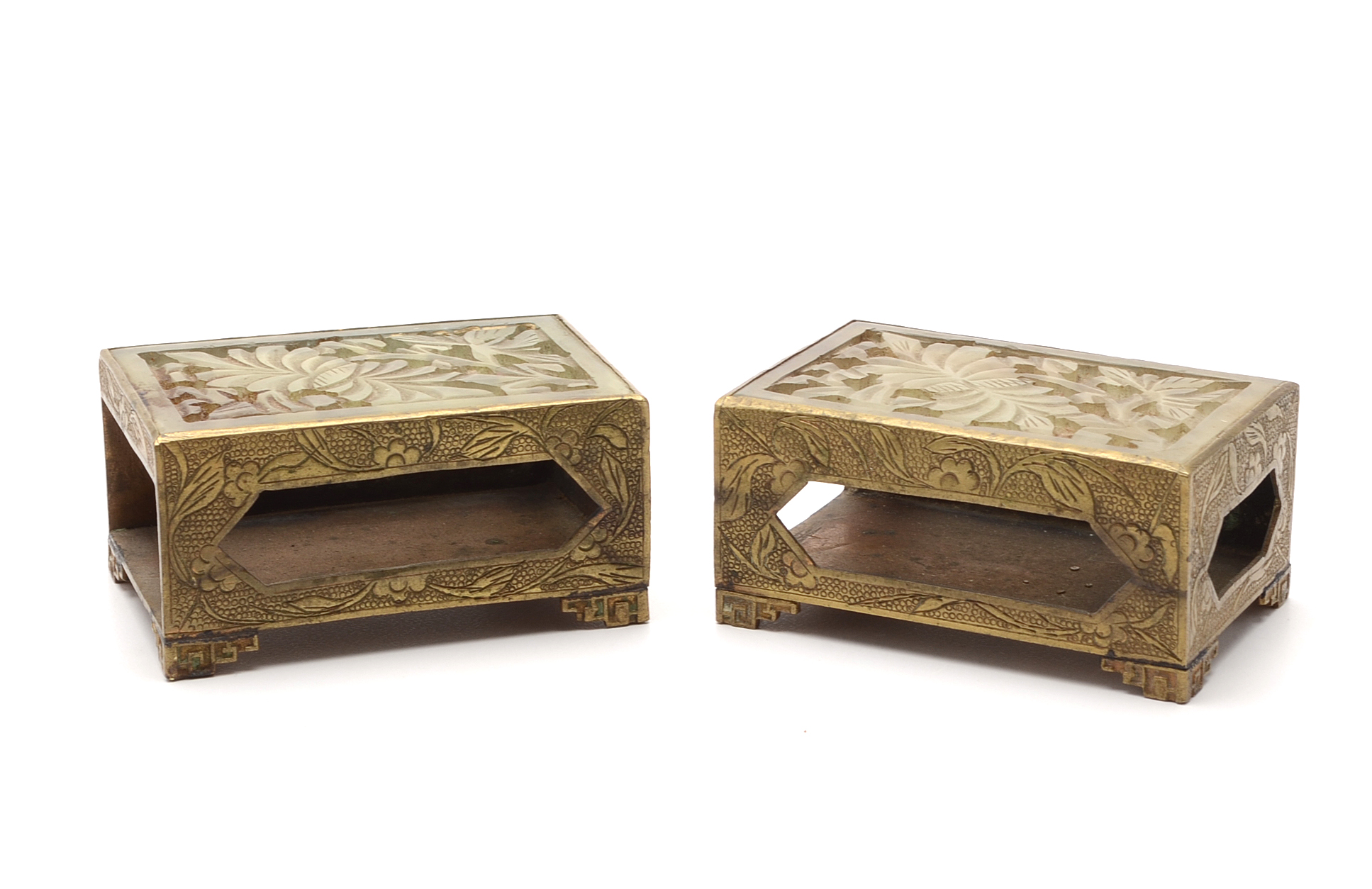 Vintage Chinese Cigarette Set in Brass and Carved Stone
