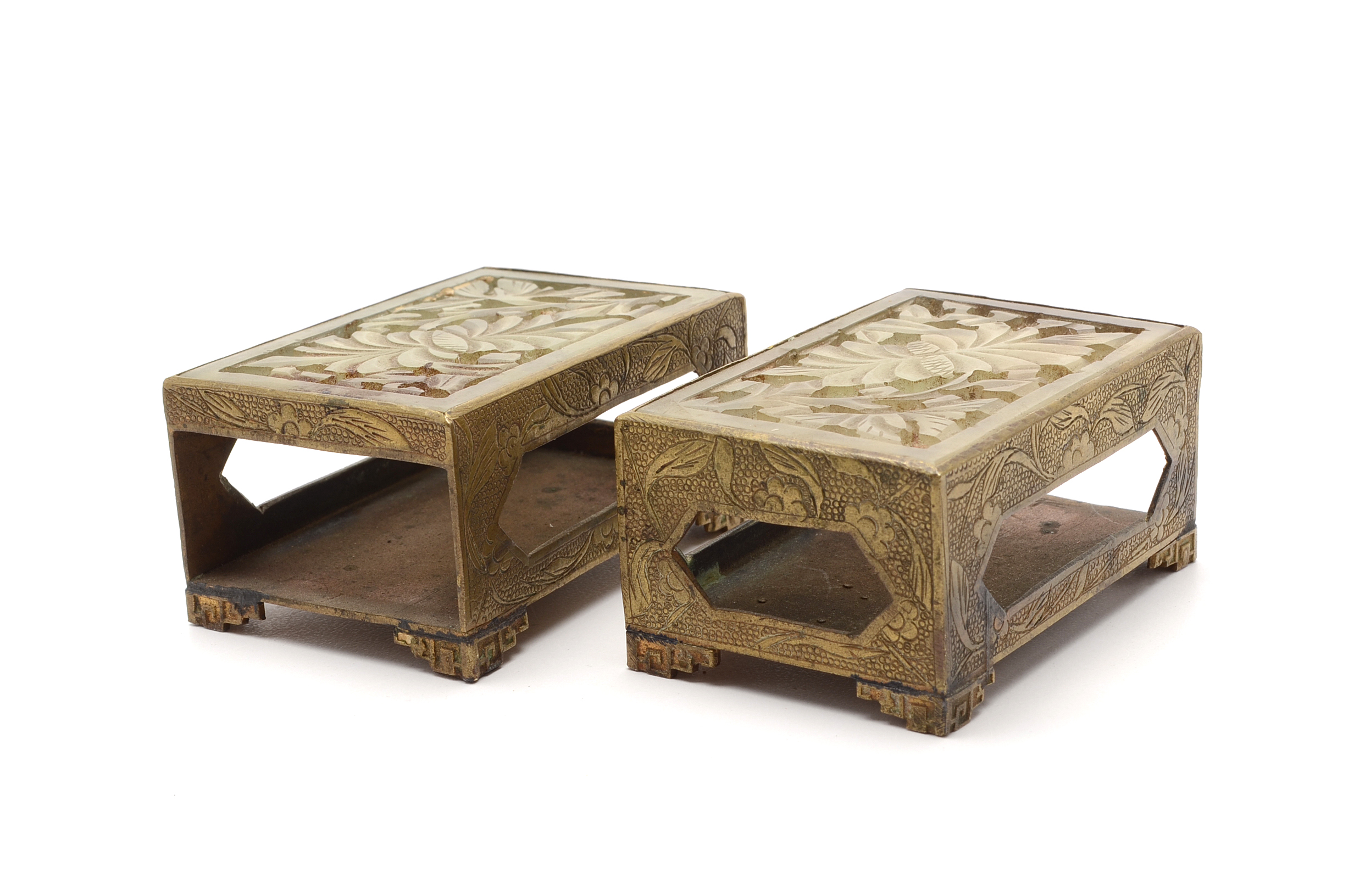 Vintage Chinese Cigarette Set in Brass and Carved Stone