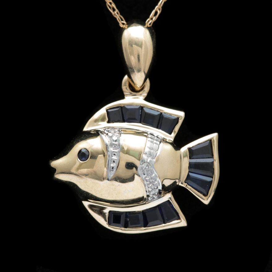 10K Yellow Gold, Blue Sapphire and Diamond Fish Pendant with Chain