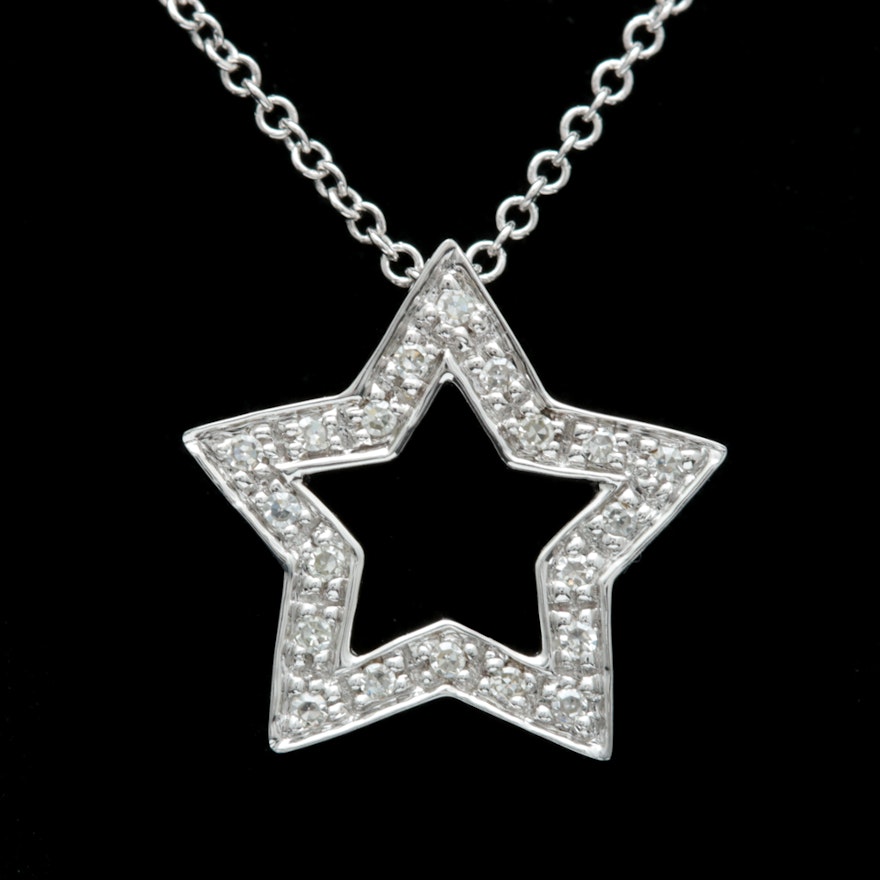 14K White Gold and Diamond Star Pendant with Chain