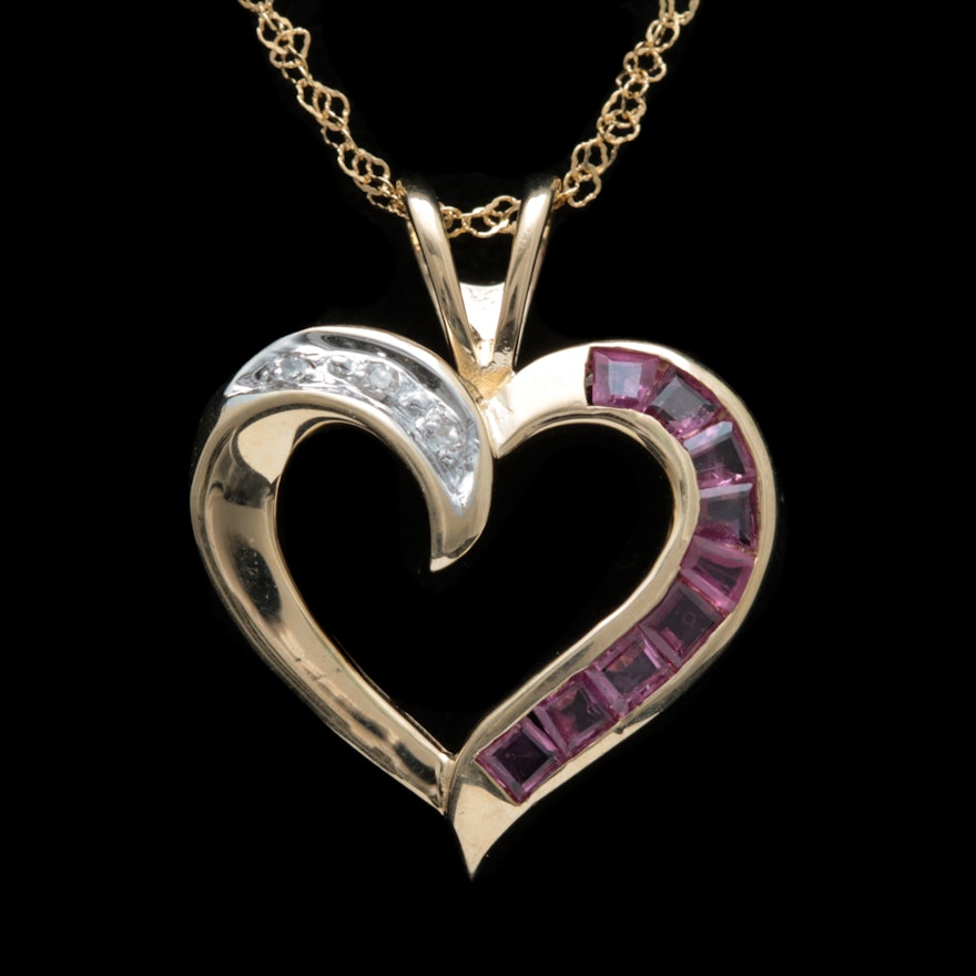 14K Two-Tone Gold, Ruby and Diamond Open Heart Pendant with Chain