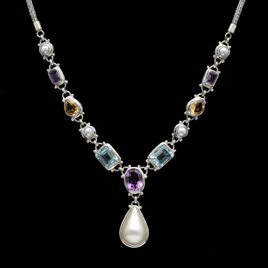Sterling Silver, Mabé Pearl and Multi-Gemstone Necklace