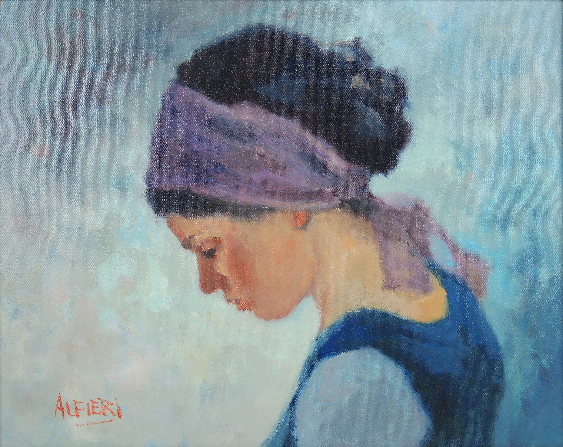 Philippe Alfieri Oil Painting on Canvas "Young Woman in a Purple Scarf"
