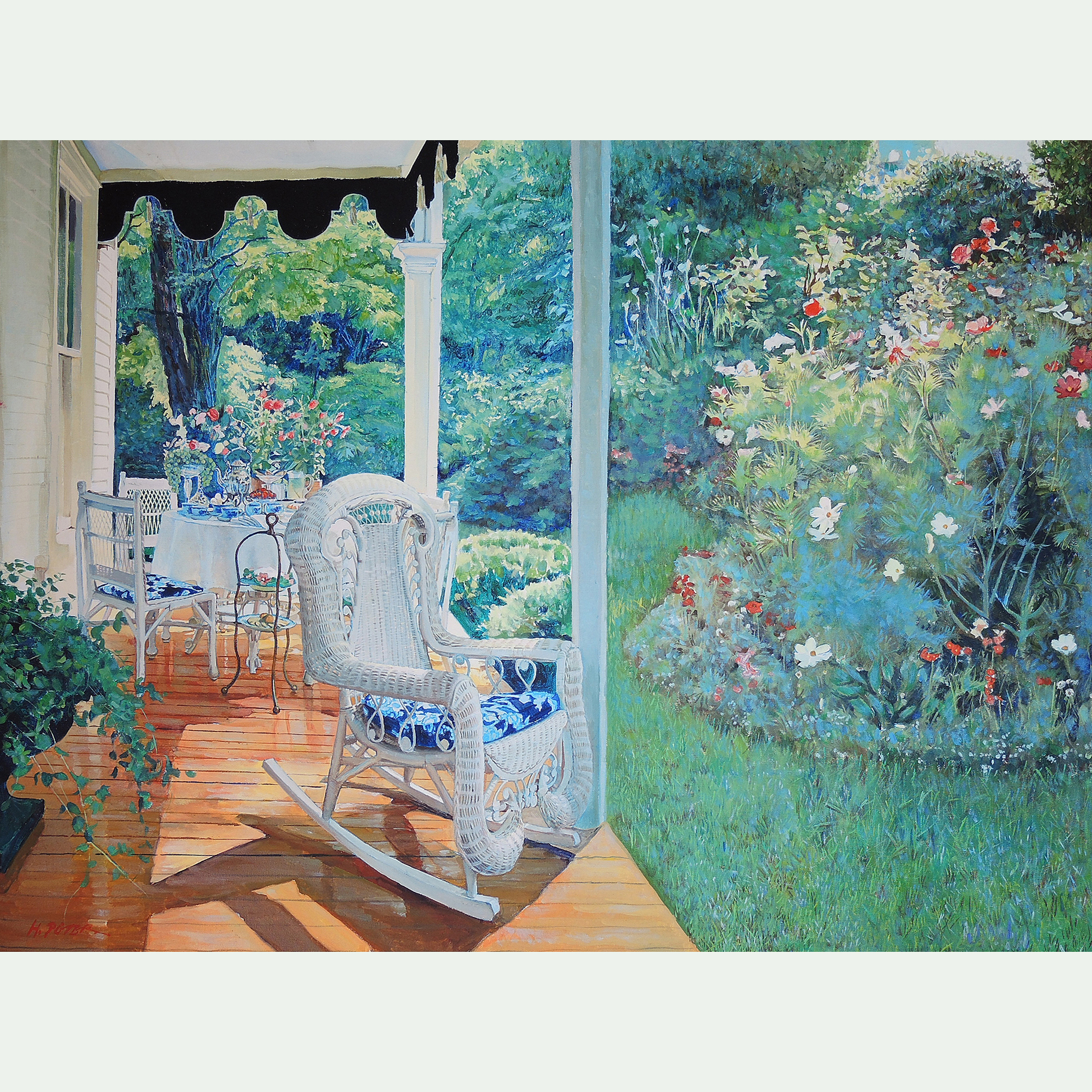 H. Peter Acrylic Painting on Canvas "Garden View with Wicker Rocking Chair"