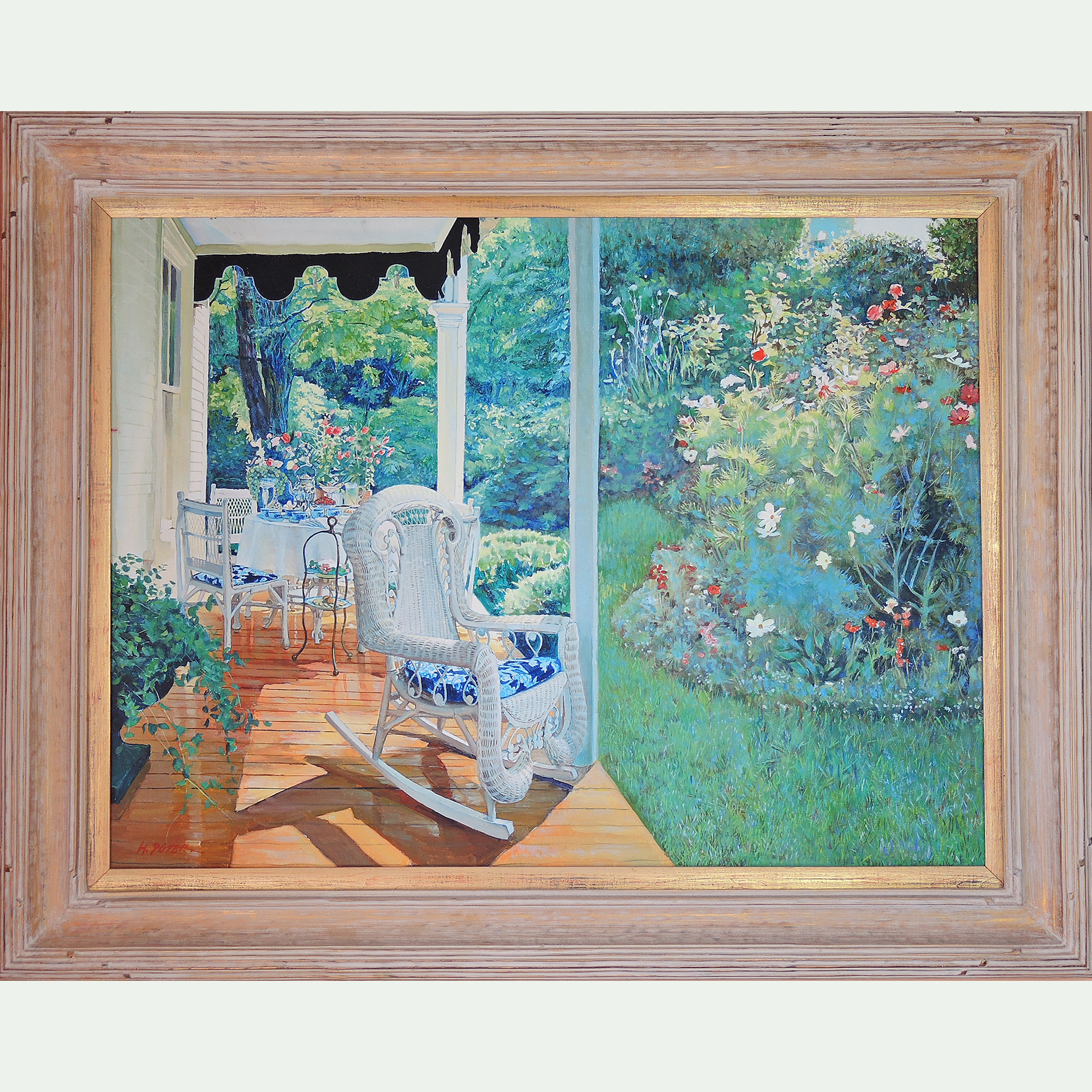H. Peter Acrylic Painting on Canvas "Garden View with Wicker Rocking Chair"