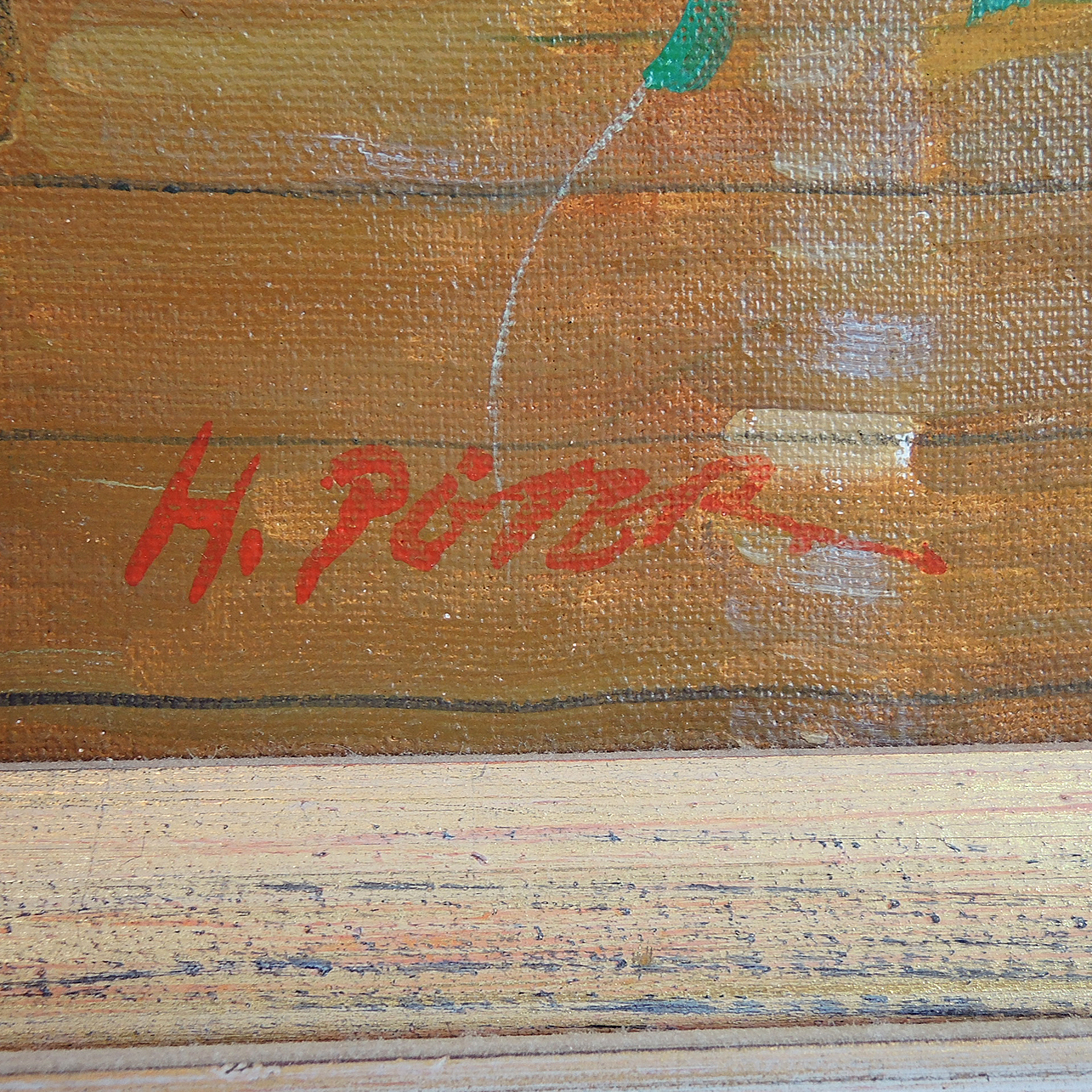 H. Peter Acrylic Painting on Canvas "Garden View with Wicker Rocking Chair"