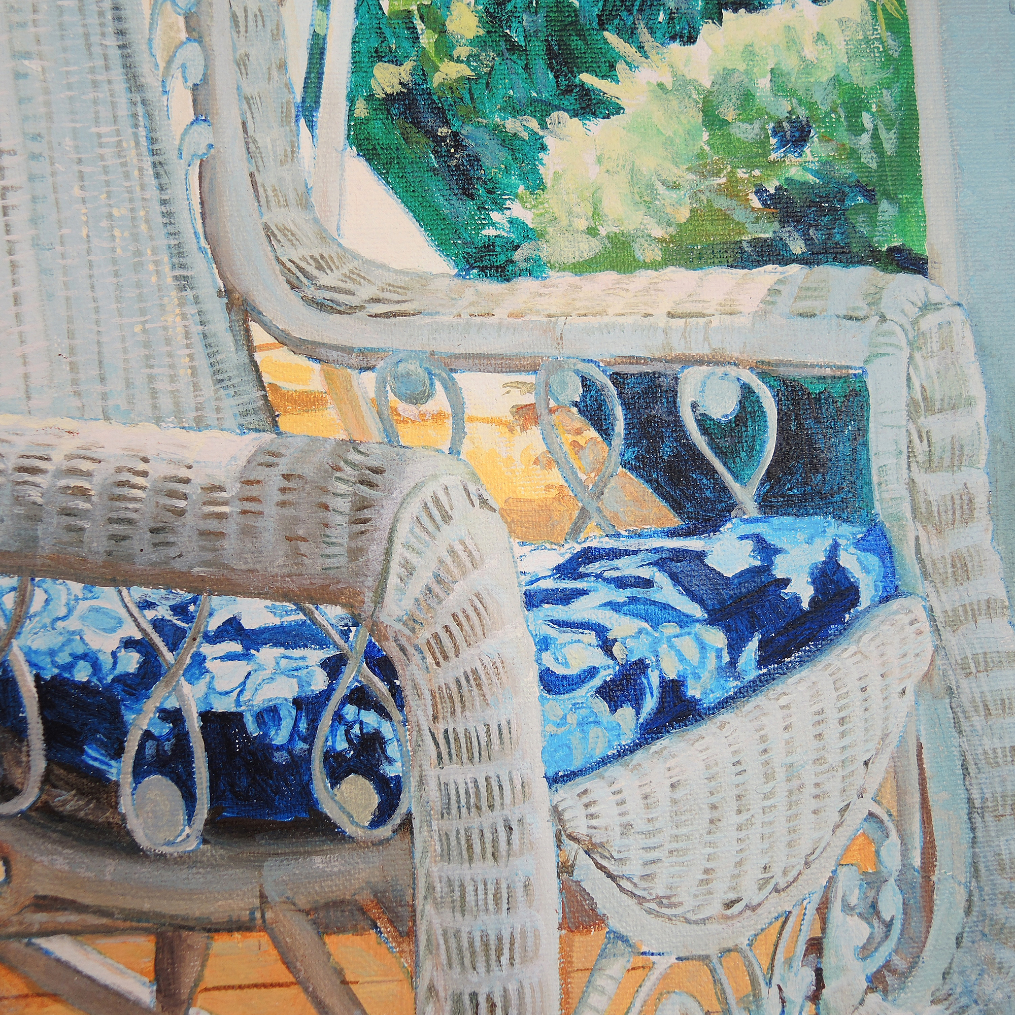 H. Peter Acrylic Painting on Canvas "Garden View with Wicker Rocking Chair"