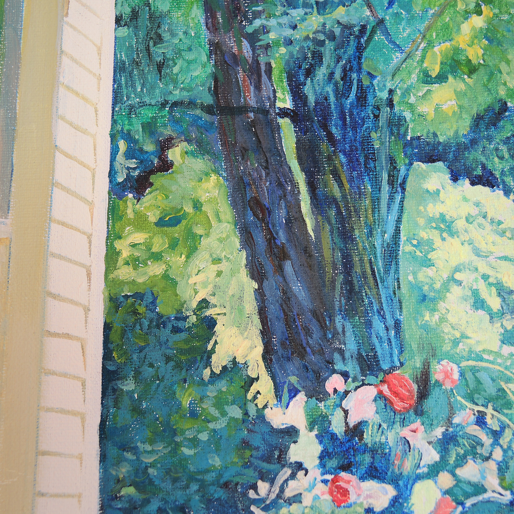 H. Peter Acrylic Painting on Canvas "Garden View with Wicker Rocking Chair"