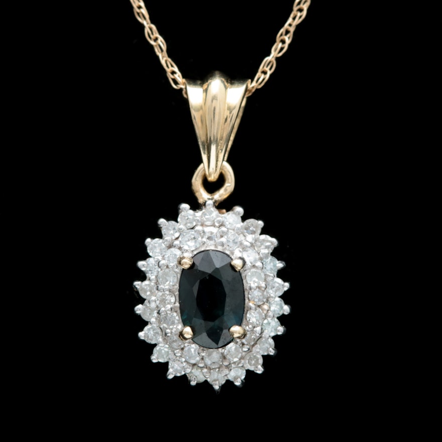10K Yellow Gold, Blue Sapphire and Diamond Pendant with Chain