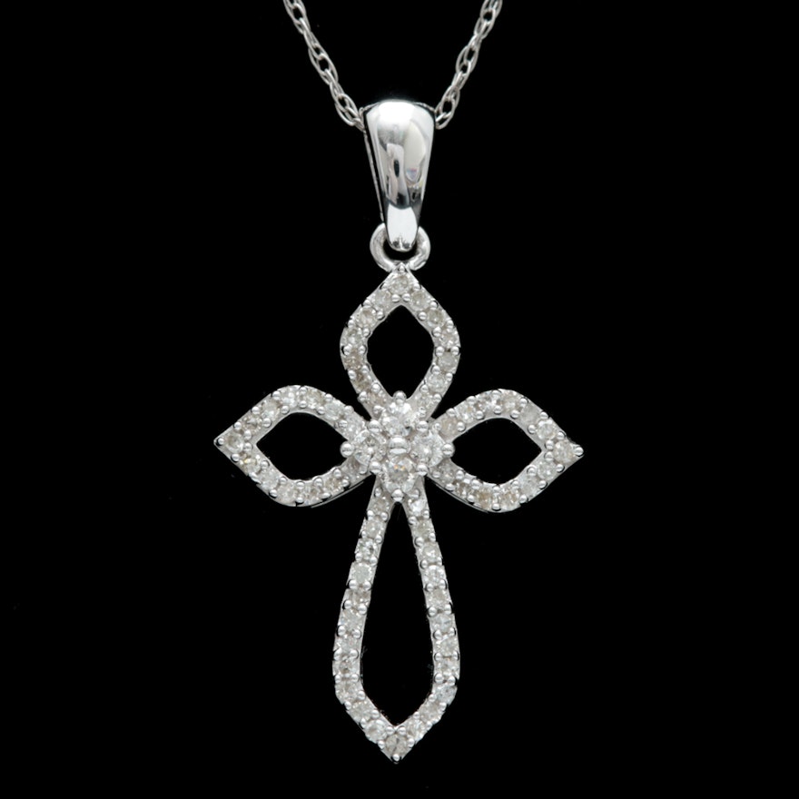 10K White Gold and Diamond Openwork Cross Pendant with Chain