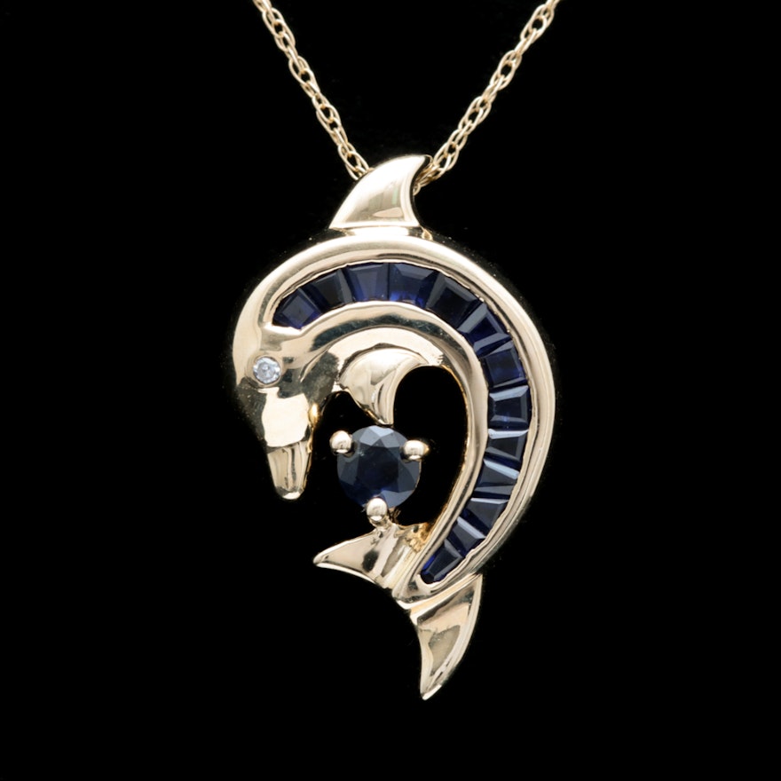10K Yellow Gold, Blue Sapphire and Diamond Dolphin Pendant with Chain