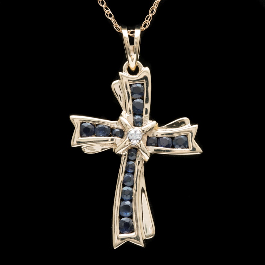 10K Yellow Gold, Blue Sapphire and Diamond Cross Pendant with Chain
