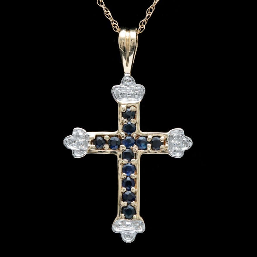 10K Two-Tone Gold, Blue Sapphire and Diamond Cross Pendant with Chain