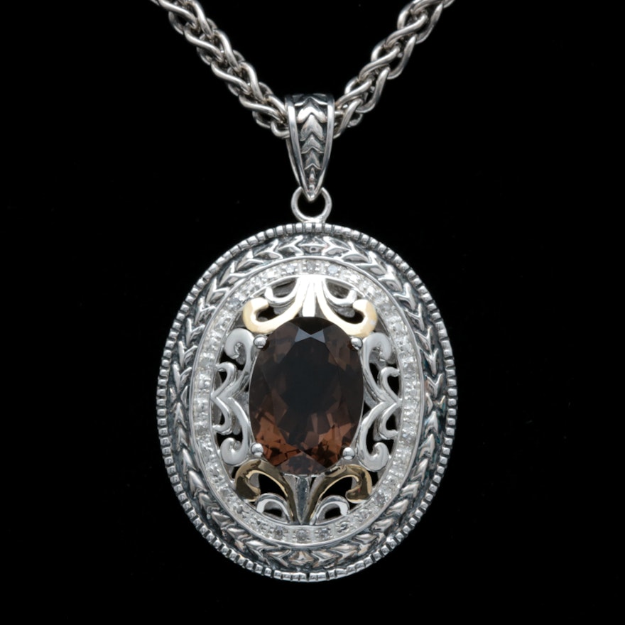 Sterling Silver, 14K Yellow Gold, Smoky Quartz and Diamond Pendant with Chain