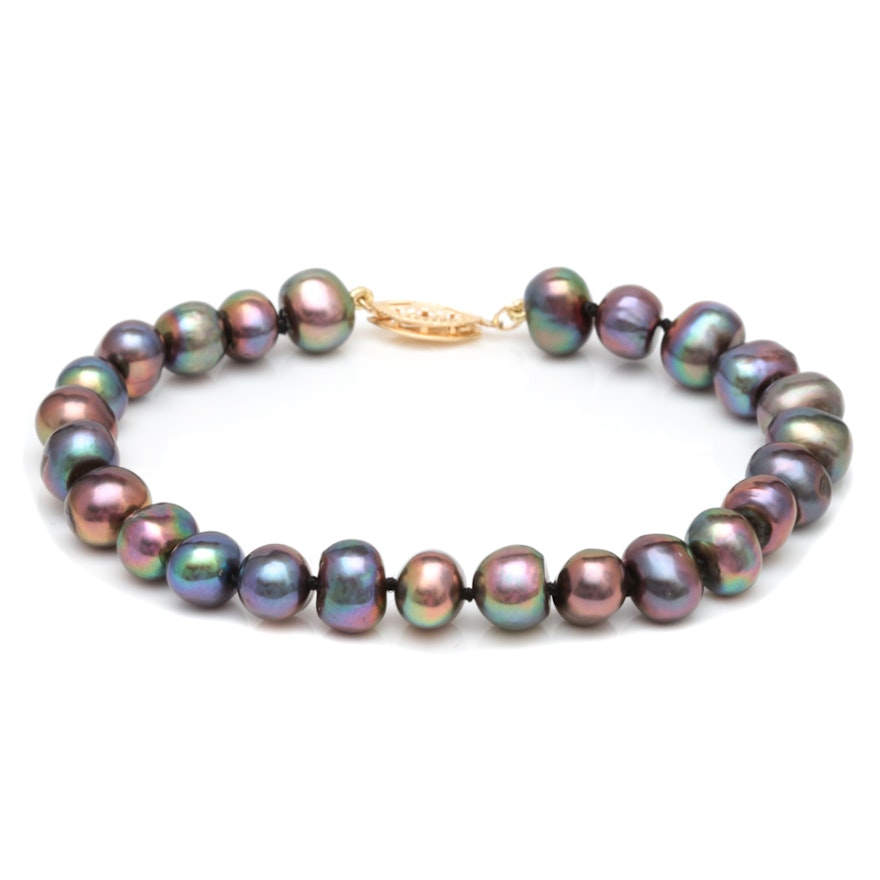 14K Yellow Gold and Black Freshwater Pearl Bracelet