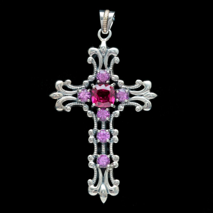 Sterling Silver, 14K Yellow Gold, Created Ruby and Created Pink Sapphire Pendant