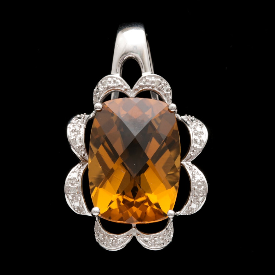Sterling Silver, Whiskey Quartz and Diamond Pendant