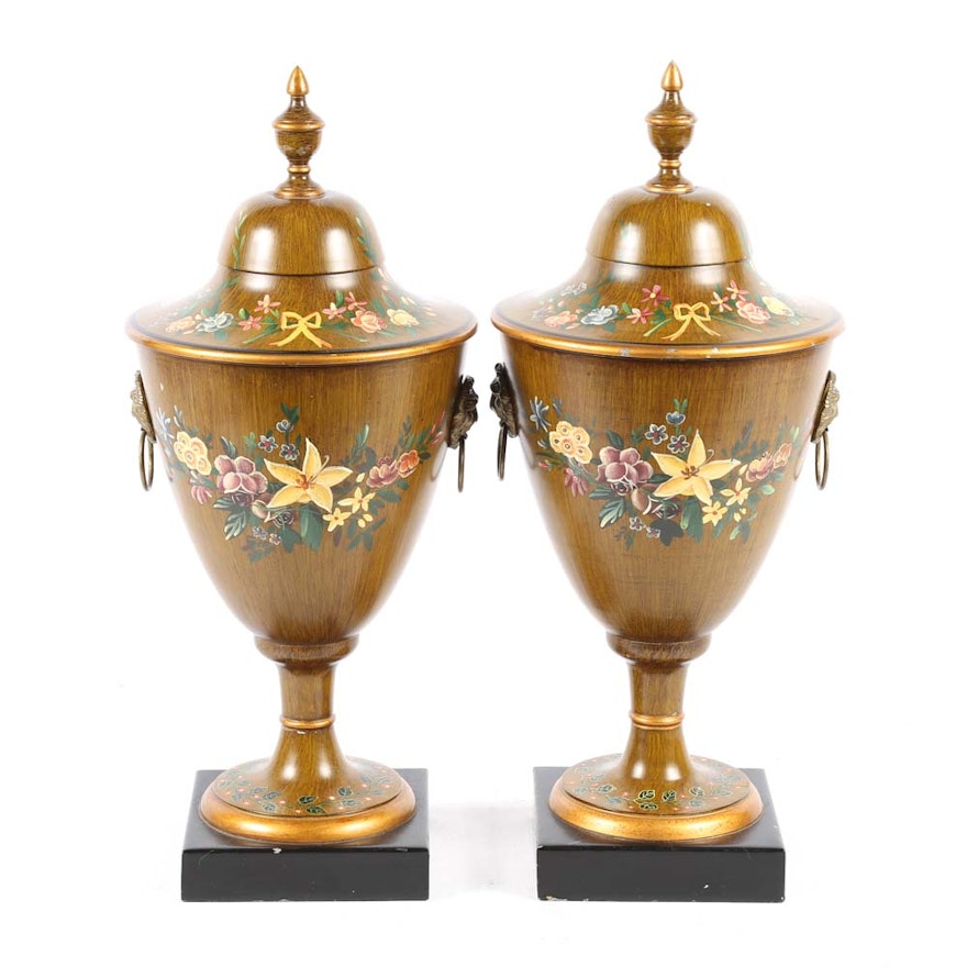 Pair of Decorative Hand Painted Toleware Urns