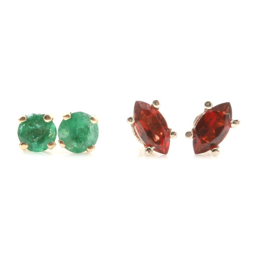 14K Yellow Gold Emerald Earrings and 14K White Gold Garnet Earrings