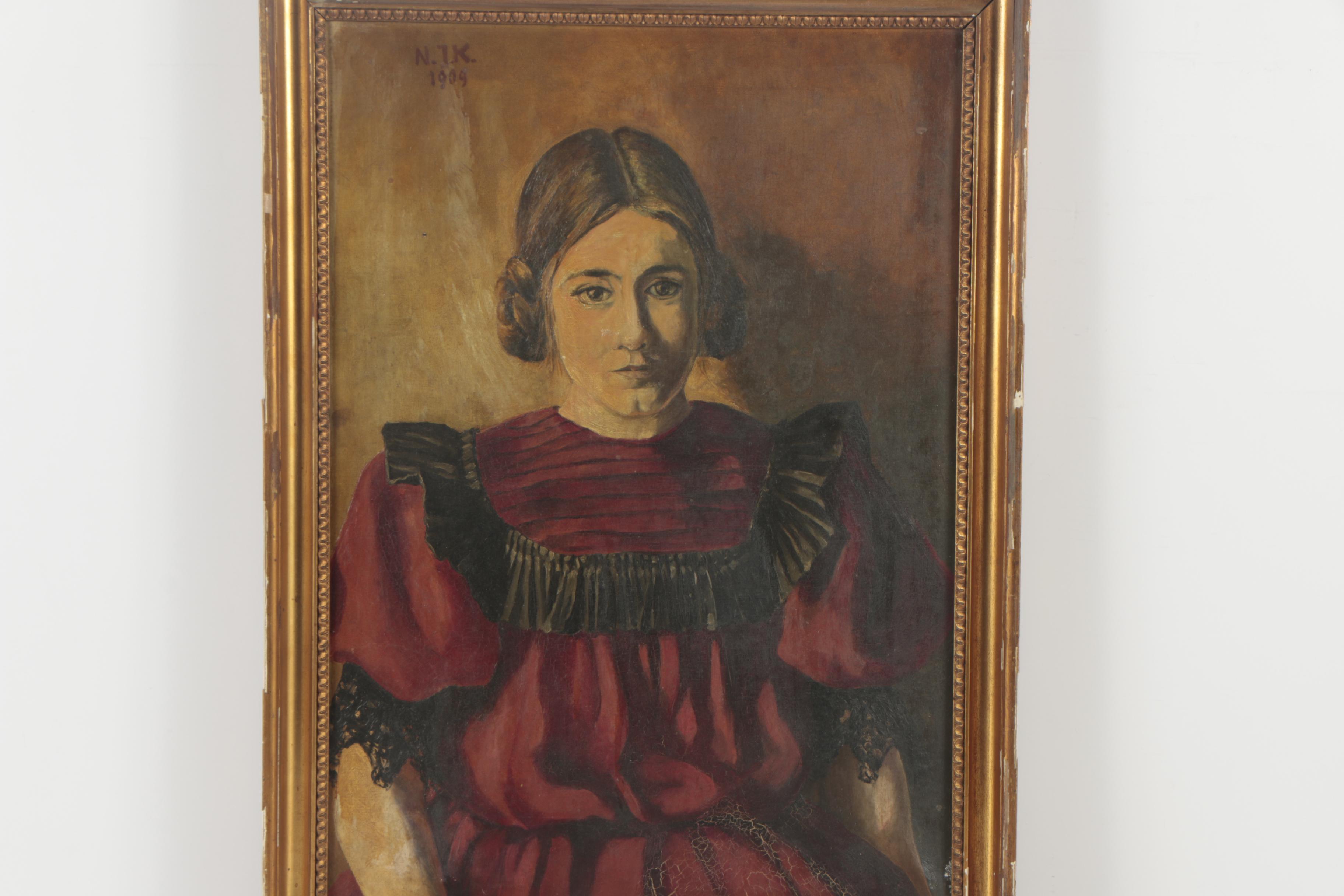 N.J.K. 1909 Oil Painting of Woman in Red and Black Dress