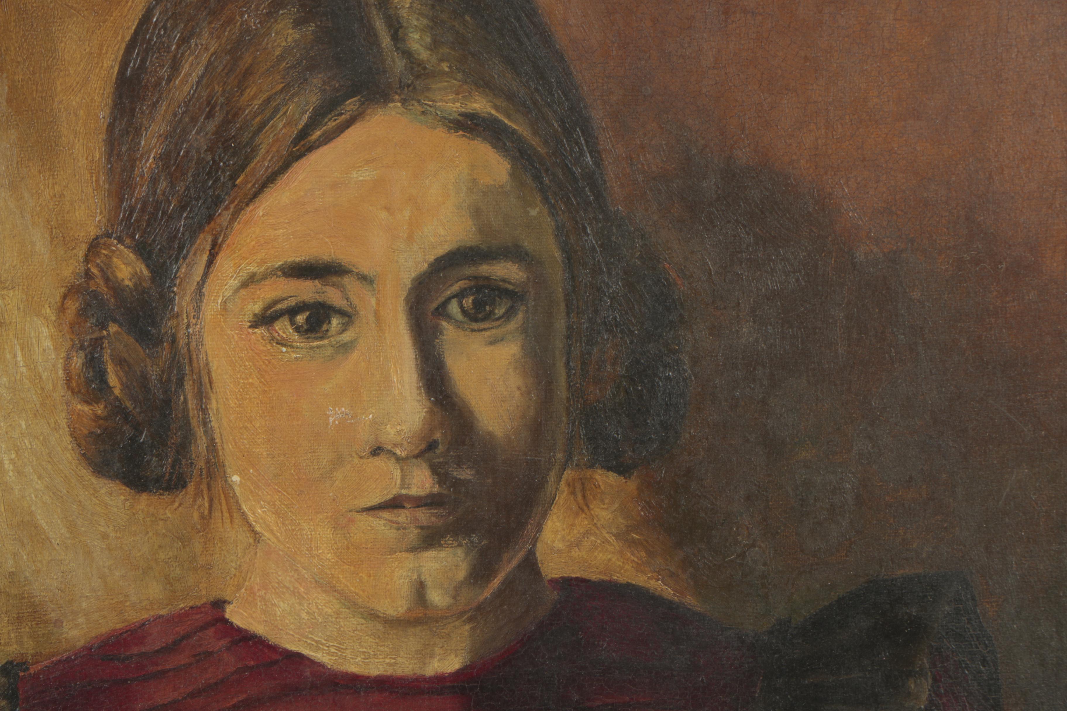 N.J.K. 1909 Oil Painting of Woman in Red and Black Dress