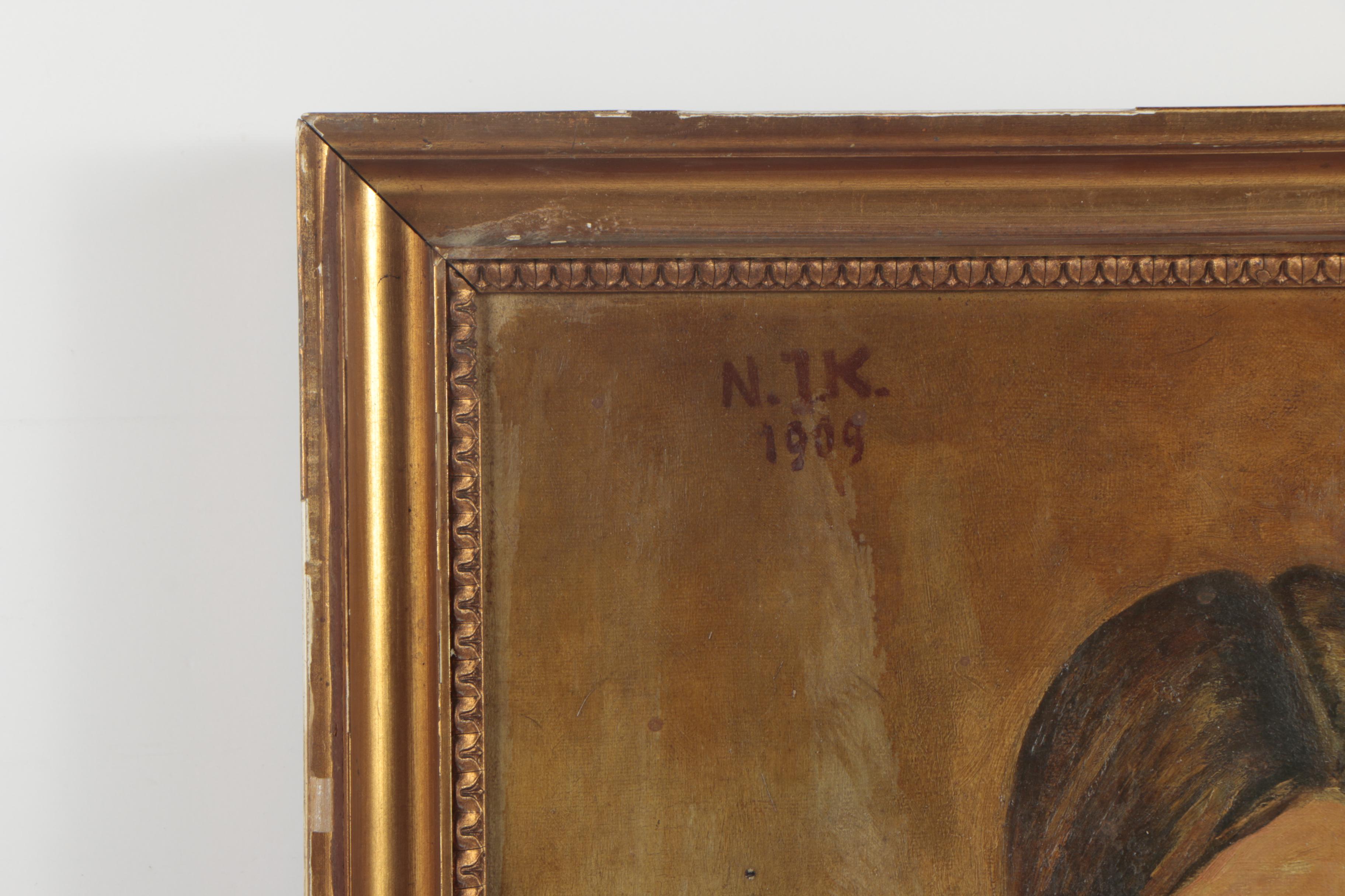 N.J.K. 1909 Oil Painting of Woman in Red and Black Dress