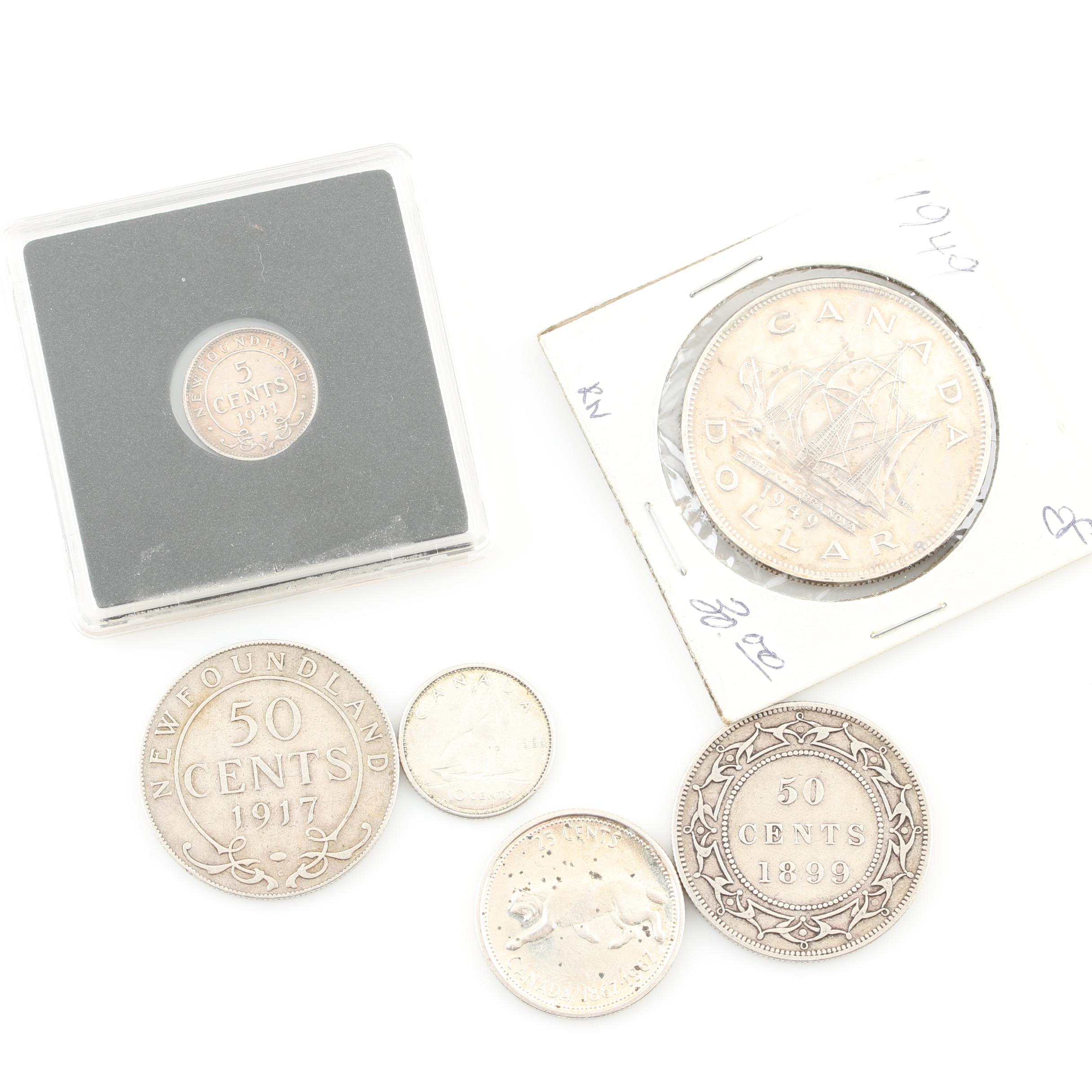 Six Antique and Vintage Canadian Silver Coins