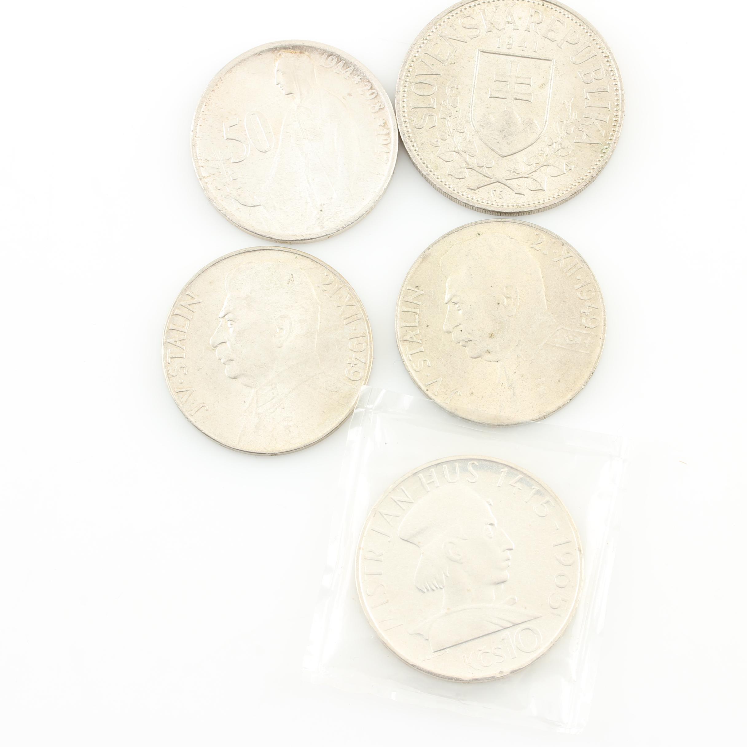 Five Vintage Czechoslovakian Silver Coins