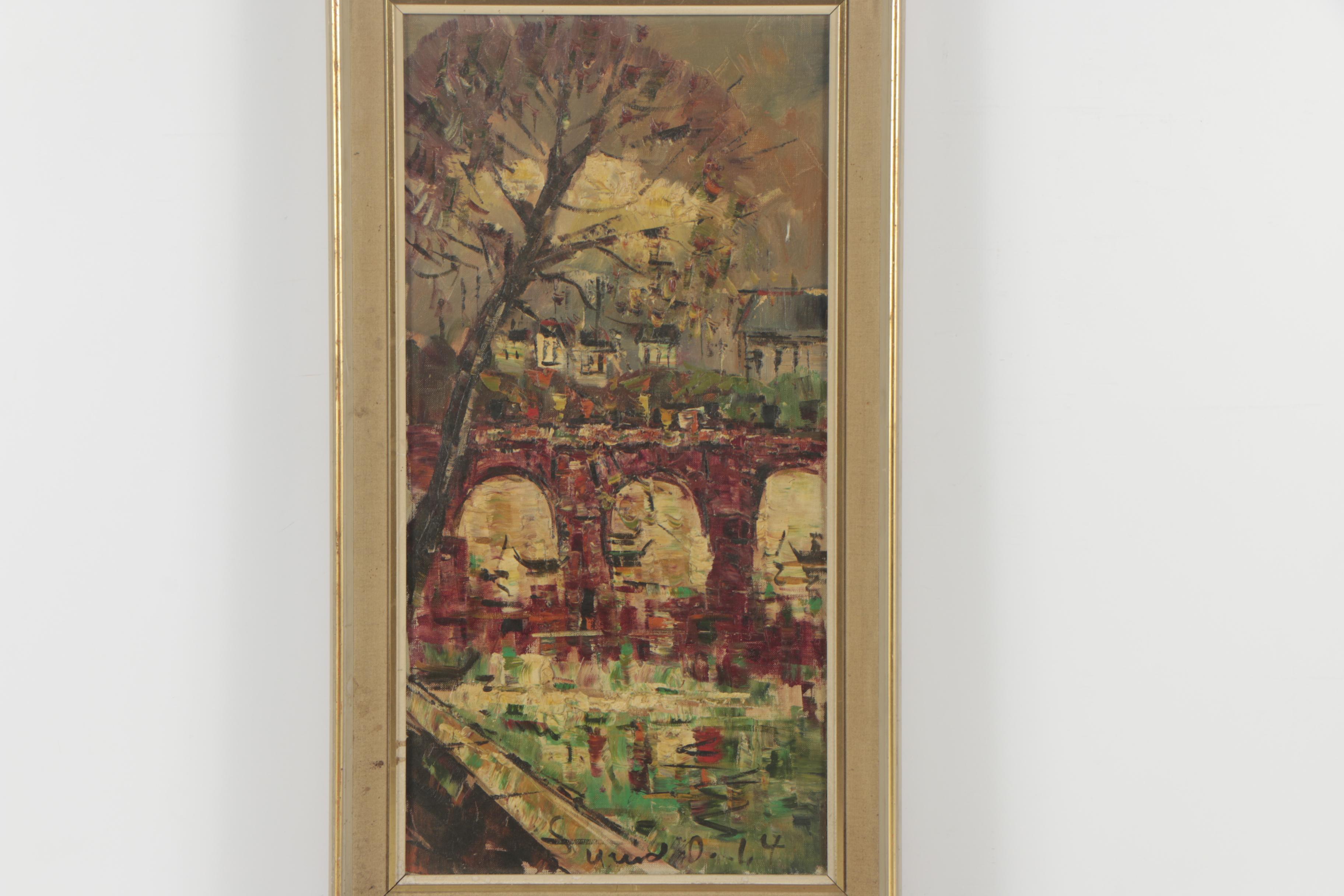 1964 Oil Painting of Modernist European Cityscape