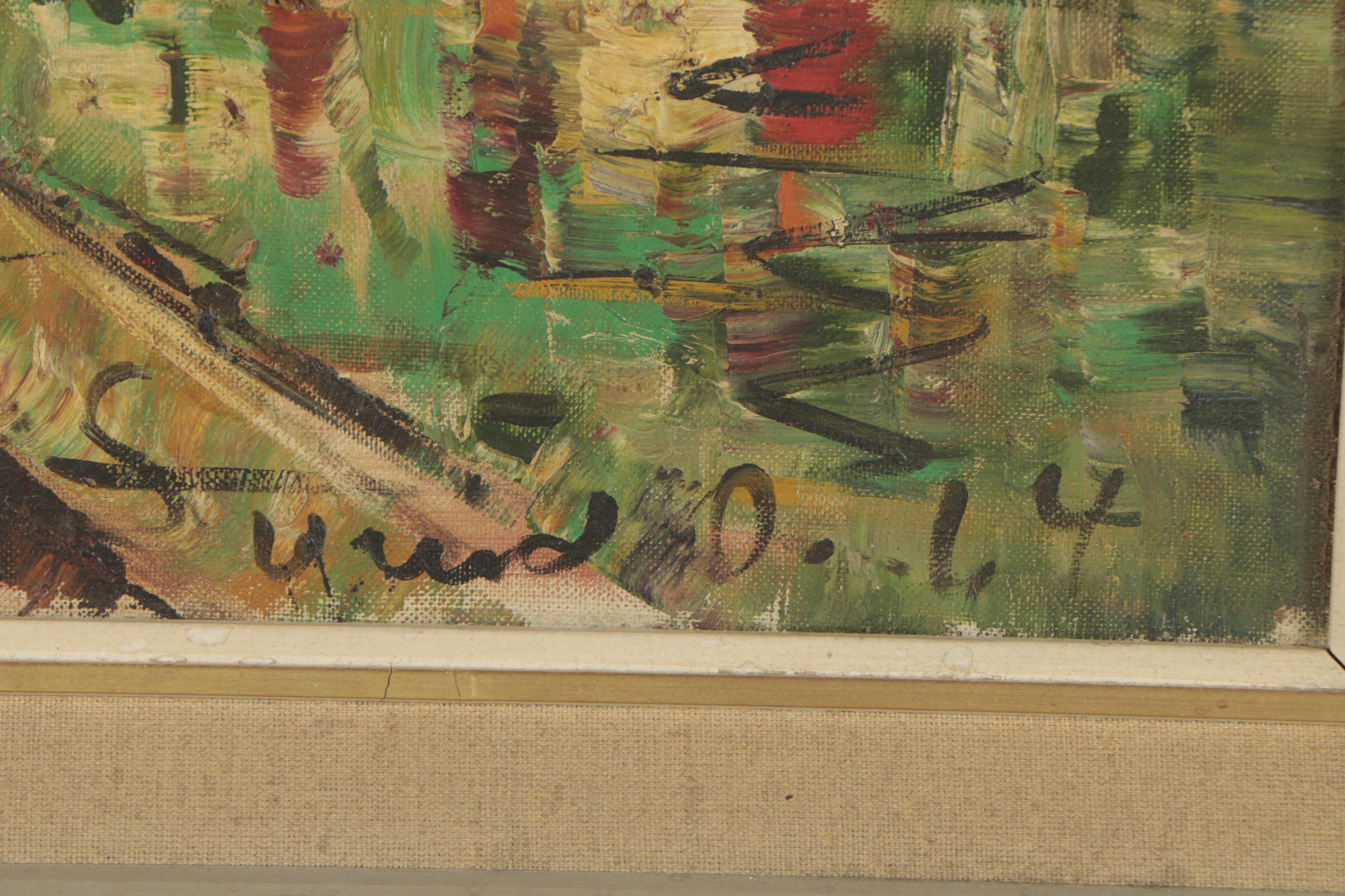 1964 Oil Painting of Modernist European Cityscape