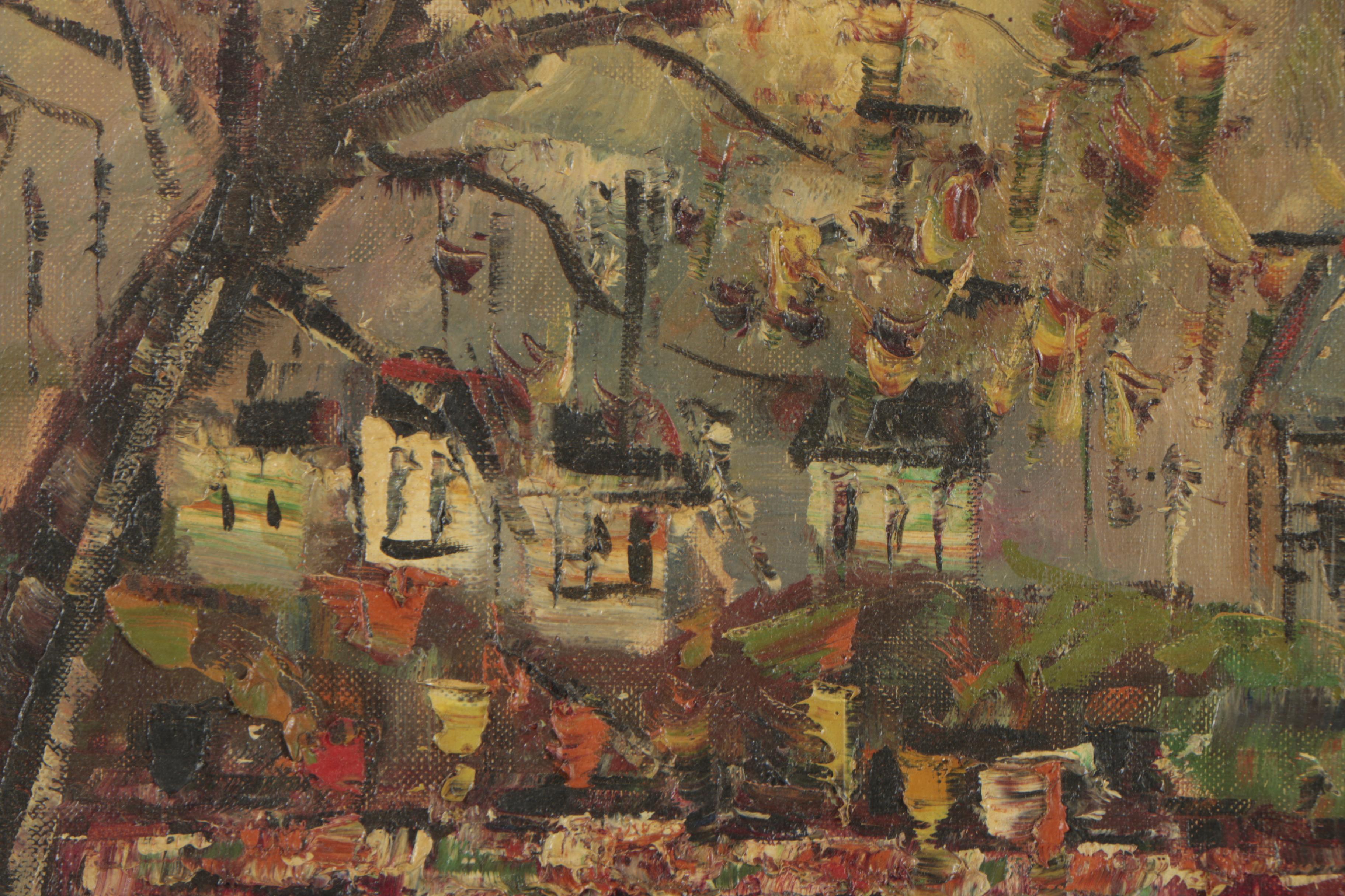 1964 Oil Painting of Modernist European Cityscape