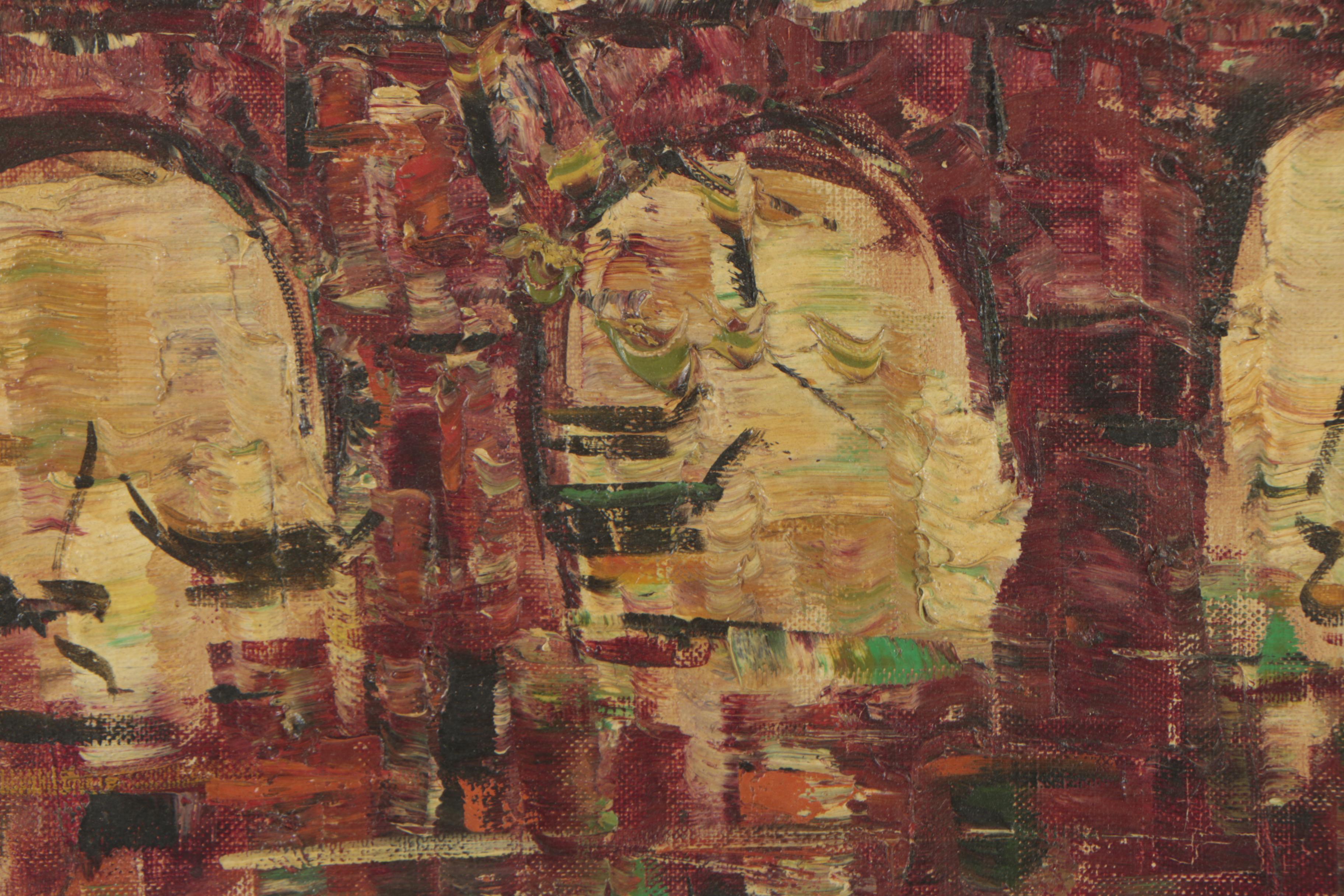 1964 Oil Painting of Modernist European Cityscape