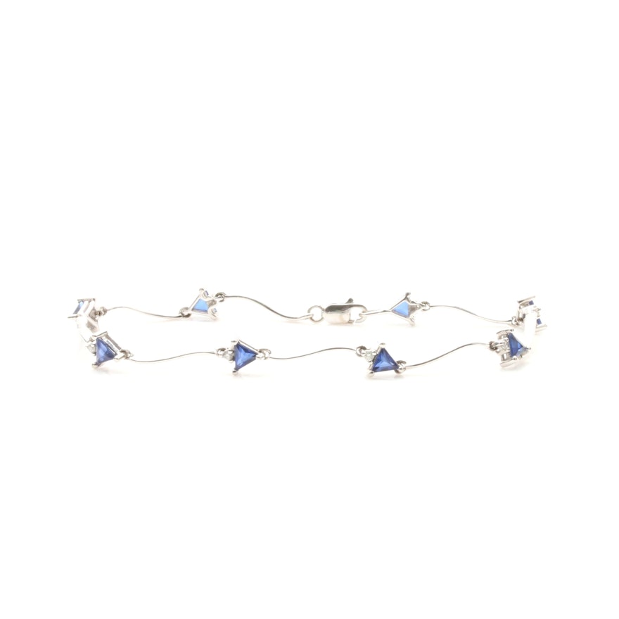 14K White Gold Synthetic Blue Sapphire and Diamond Bracelet