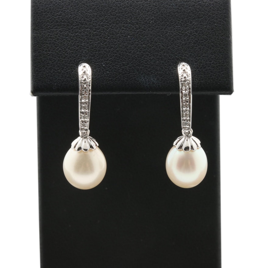 14K White Gold Cultured Pearl and Diamond Earrings