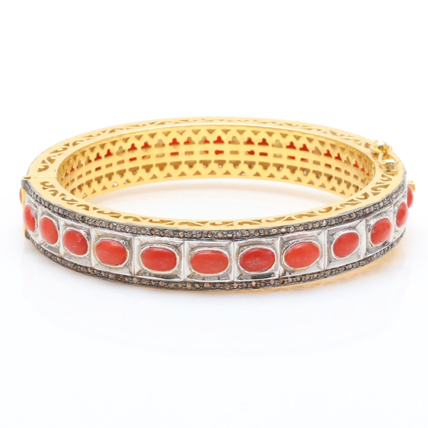 Sterling Silver Coral and Diamond Hinged Bangle