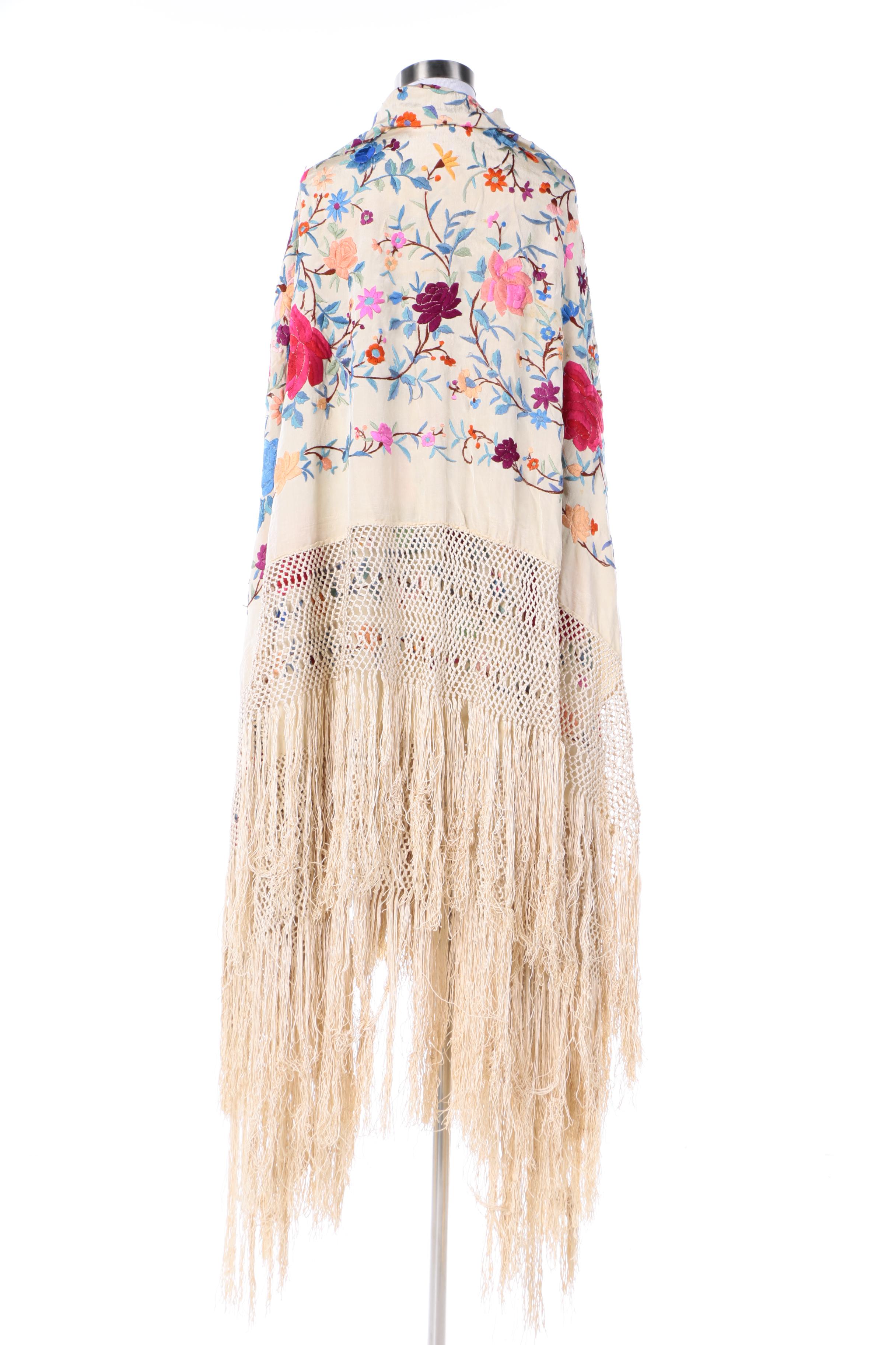 Antique Embroidered Silk Piano Shawl