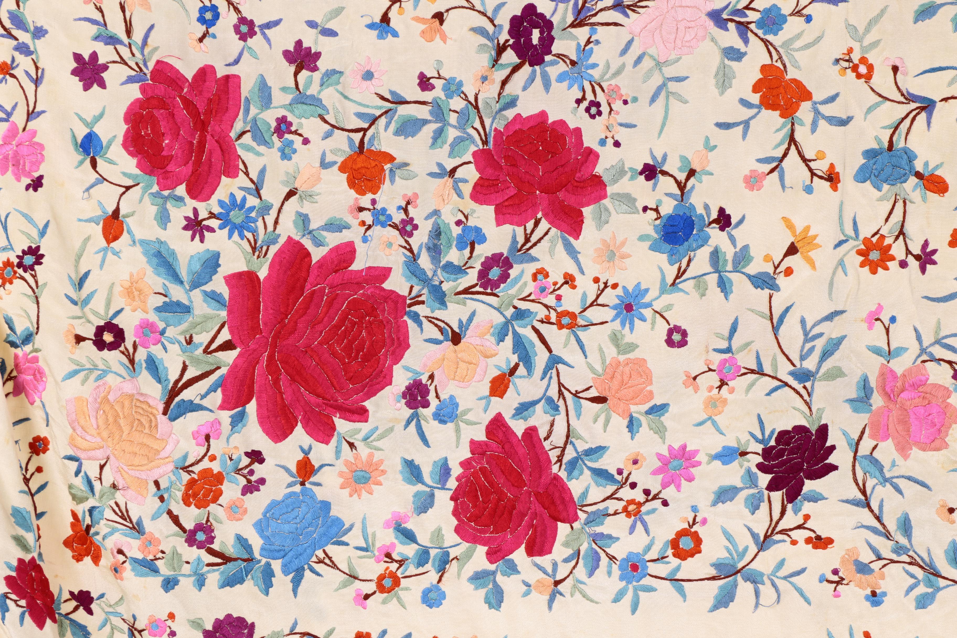 Antique Embroidered Silk Piano Shawl