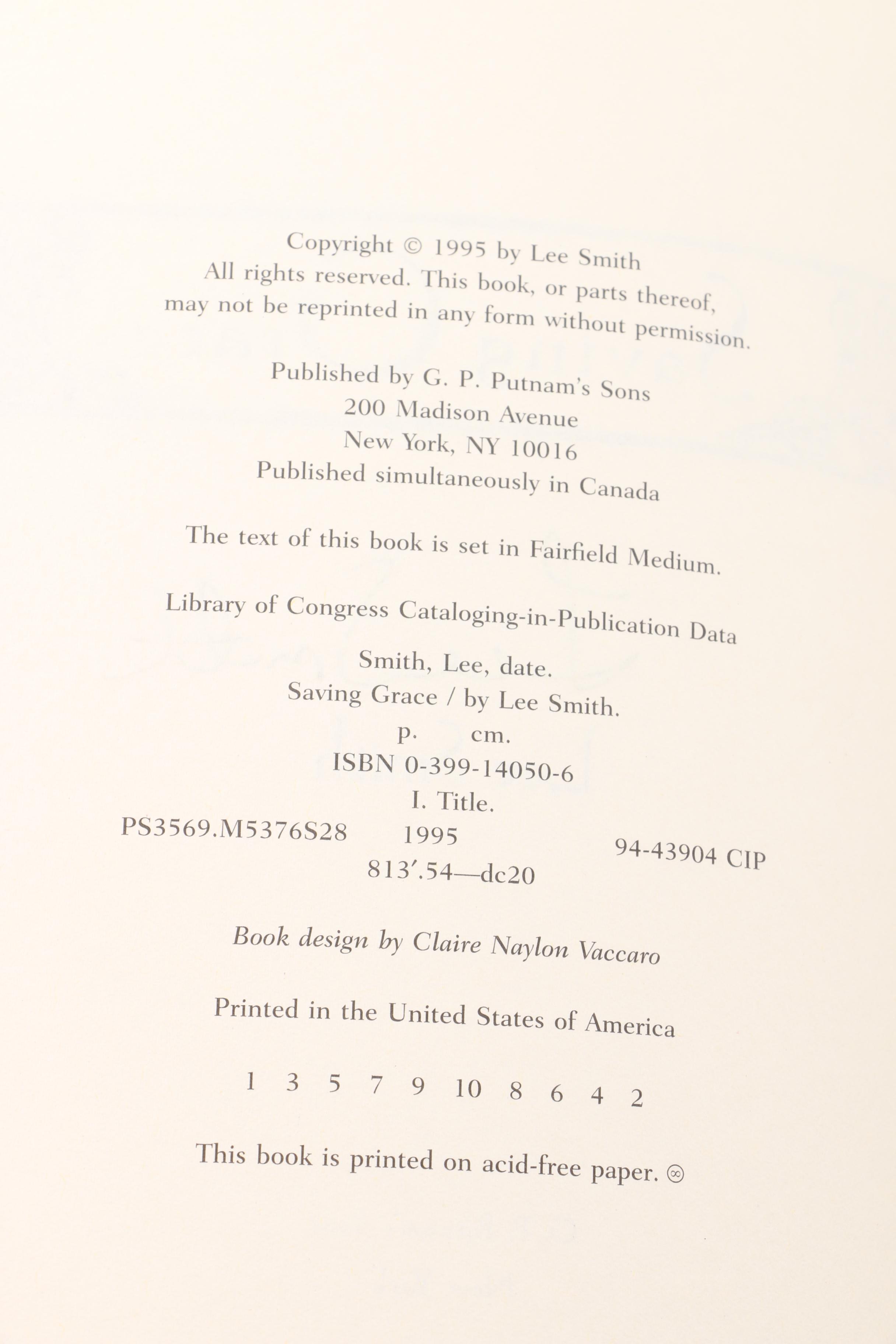 1995 Autographed First Edition "Saving Grace" by Lee Smith