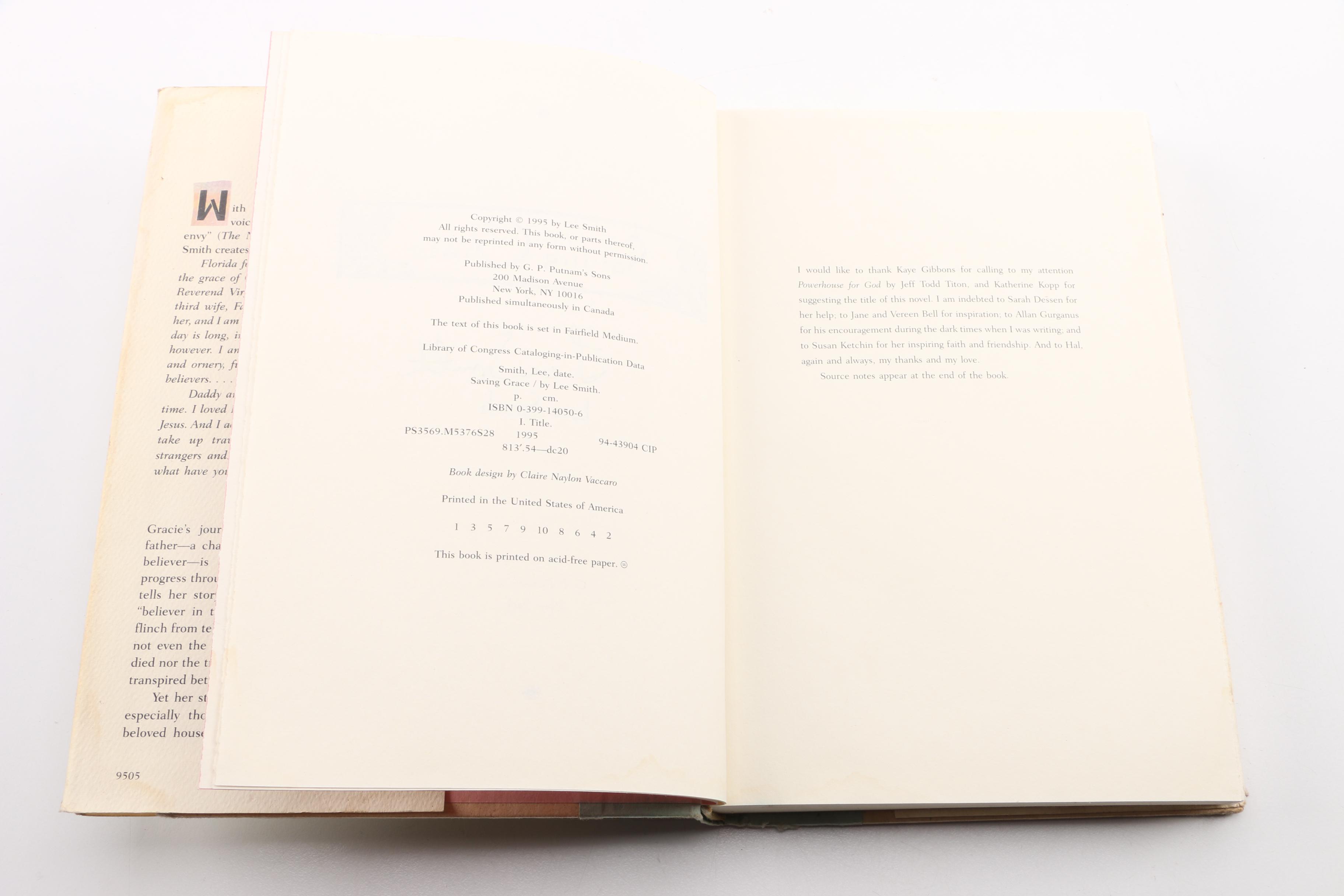 1995 Autographed First Edition "Saving Grace" by Lee Smith