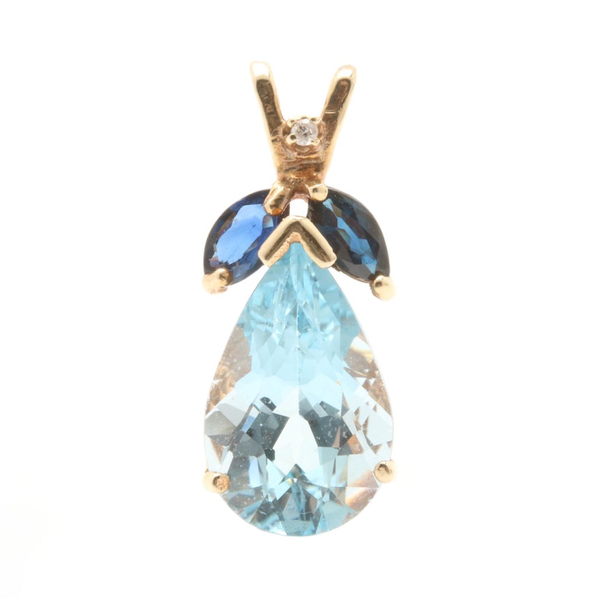14K Yellow Gold Blue Topaz, Sapphire and Diamond Pendant
