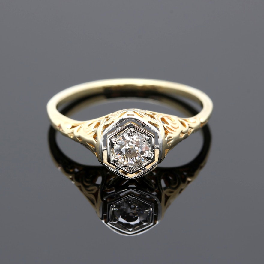 Art Deco 14K and 18K Two Tone Gold Diamond Ring