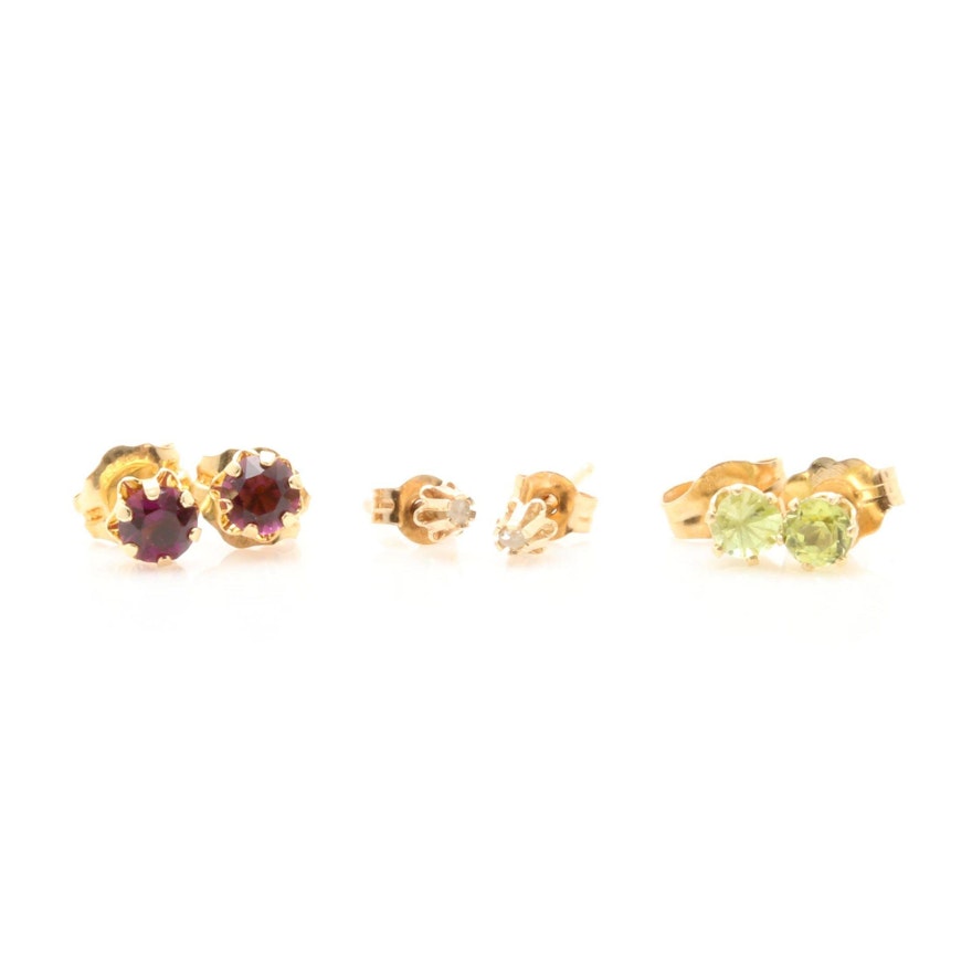 14K Yellow Gold Stud Earring Selection Including Peridot and Diamond