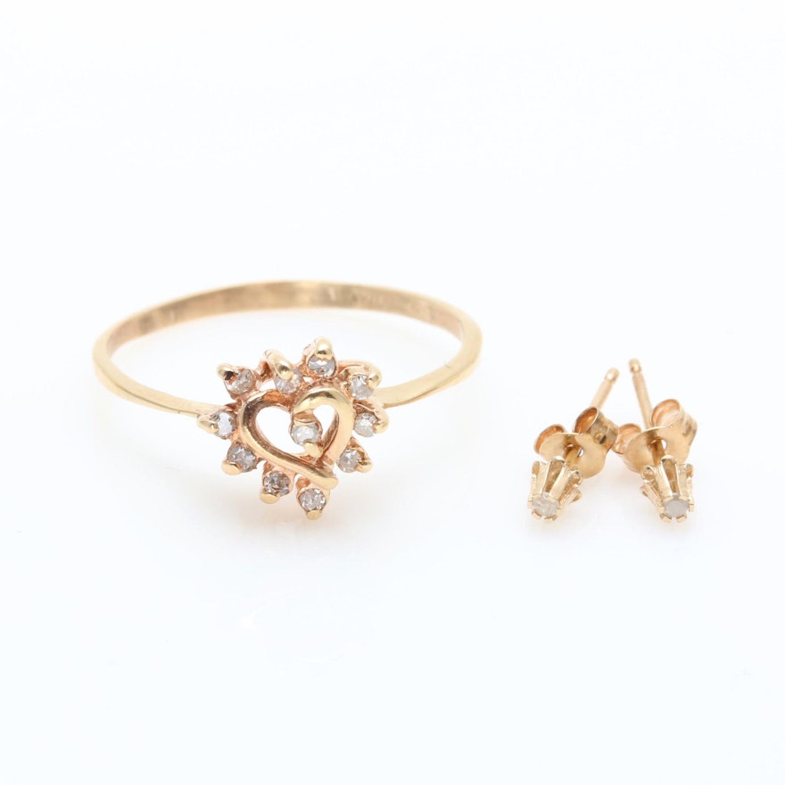14K Yellow Gold Diamond Heart Ring and Stud Earrings