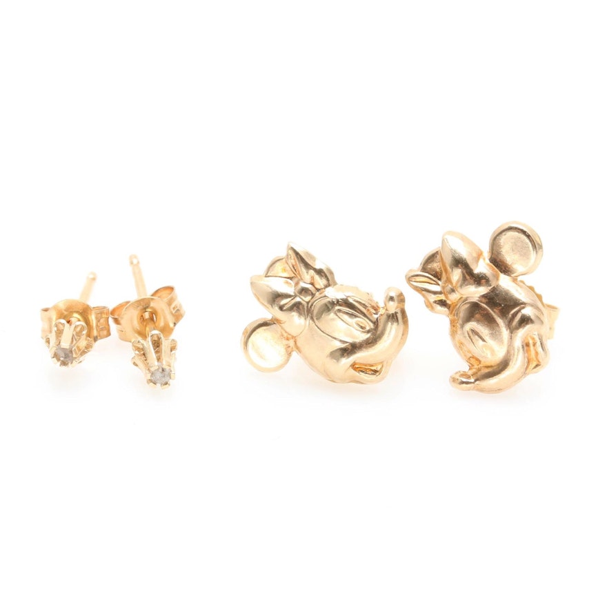 14K Yellow Gold Minnie Mouse Earrings and Diamond Stud Earrings