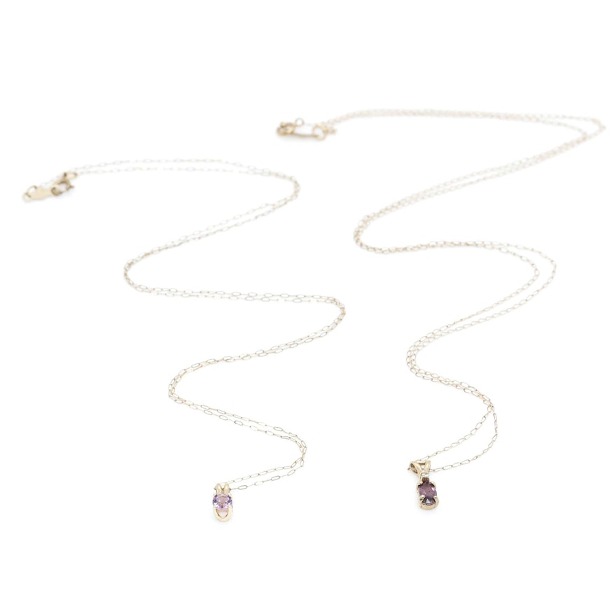 10K and 14K Yellow Gold Amethyst, Ruby and Diamond Necklaces